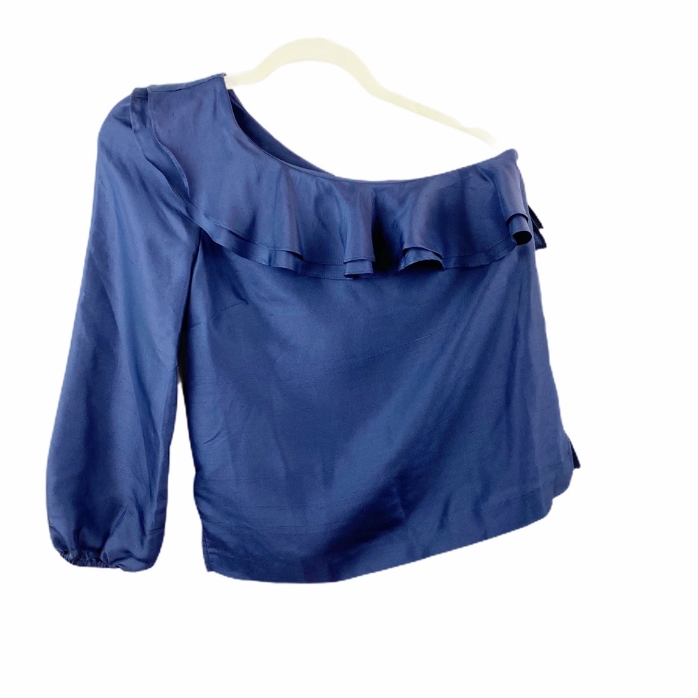 NWT JCrew Silk One Sleeve Navy Blue Ruffle Top 00 - Picture 3 of 11